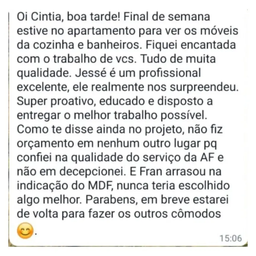 Depoimento em imagem sobre projeto de móveis planejados