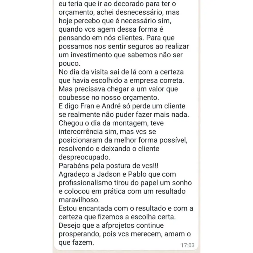 Depoimento em imagem sobre móveis planejados entregues