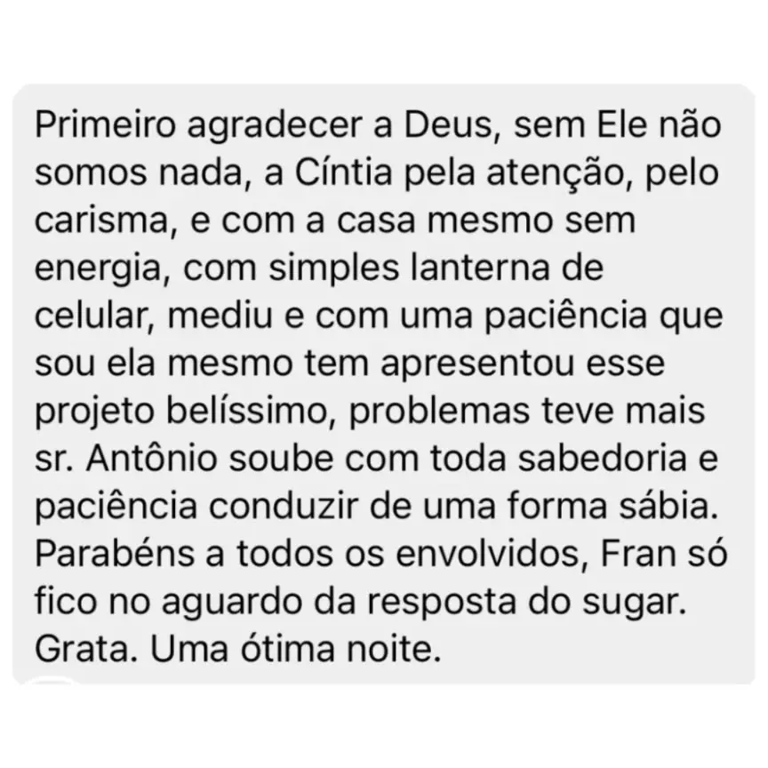 Depoimento em imagem de avaliação de cliente